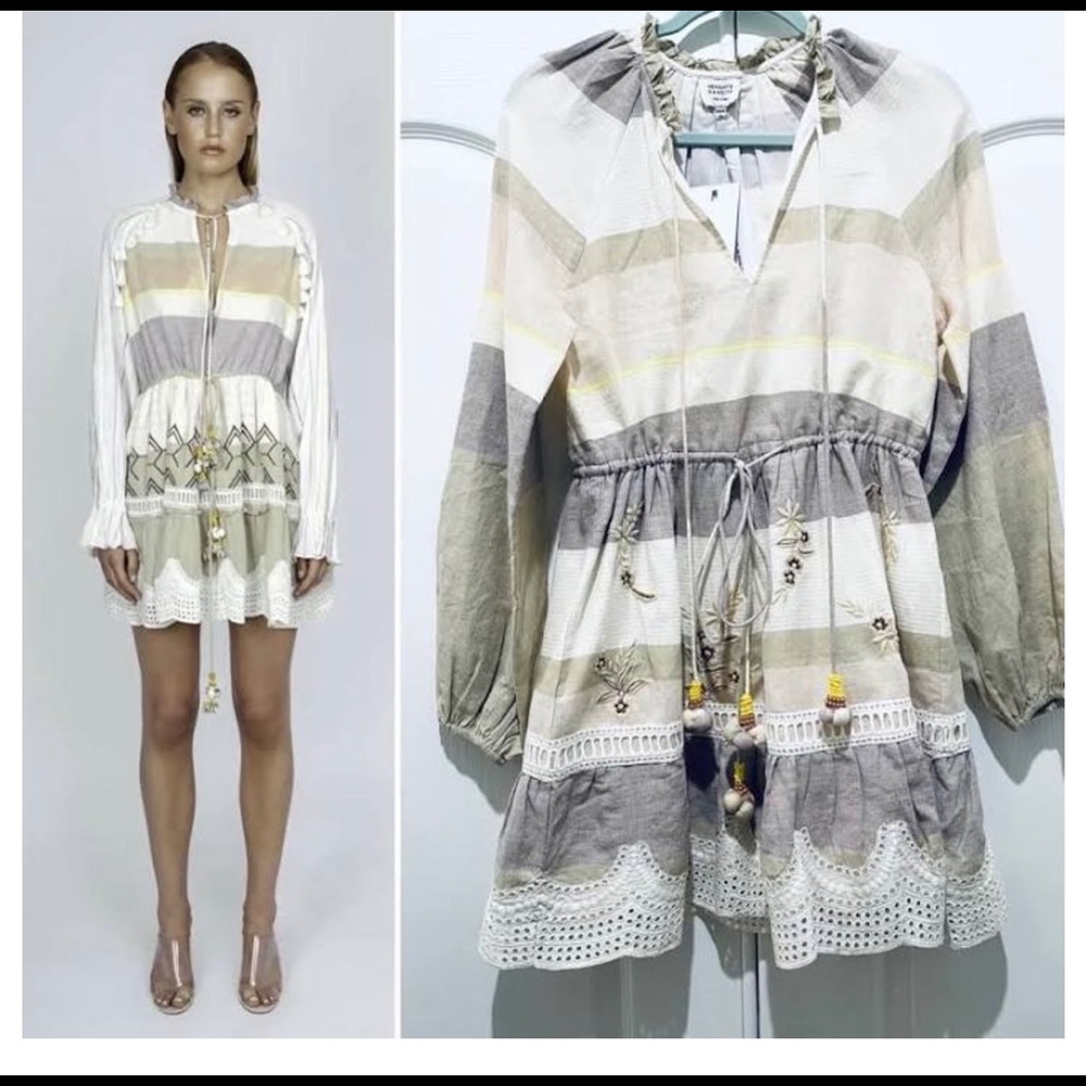 HEMANT & NANDITA White, Gray and Cream Striped Embroidered Mini Dress